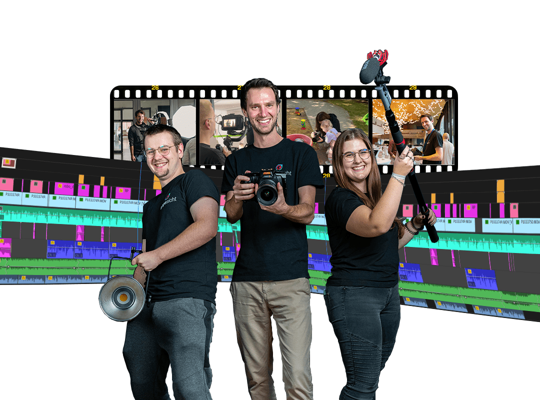 Dreiköpfiges Videoproduktions-Team mit Licht, Kamera und Tonangel