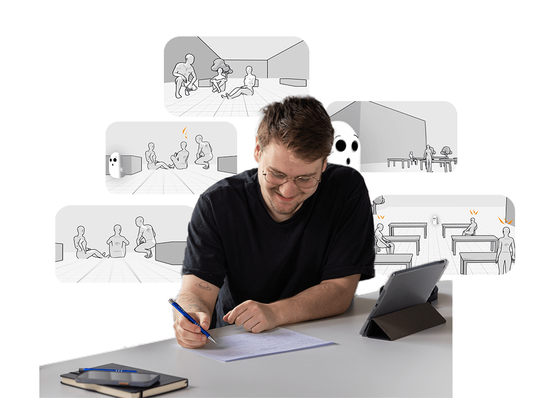 Mitarbeiter am Schreibtisch sitzend zeichnet Storyboard auf Papier