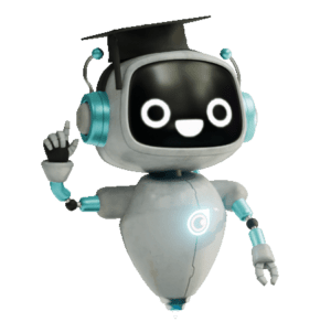 KI Roboter Emily trägt einen Absolventen-Hut