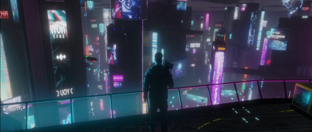 Filmemacher steht nachts über Cyberpunk Stadt, die mit 3D und KI erstellt wurde