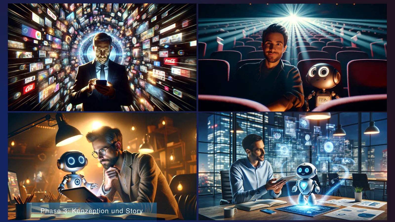 Vier KI-Visualisierungen: Smartphone zwischen Bildschirmen, Kino und zwei Arbeitsplatzmotive mit Robotern
